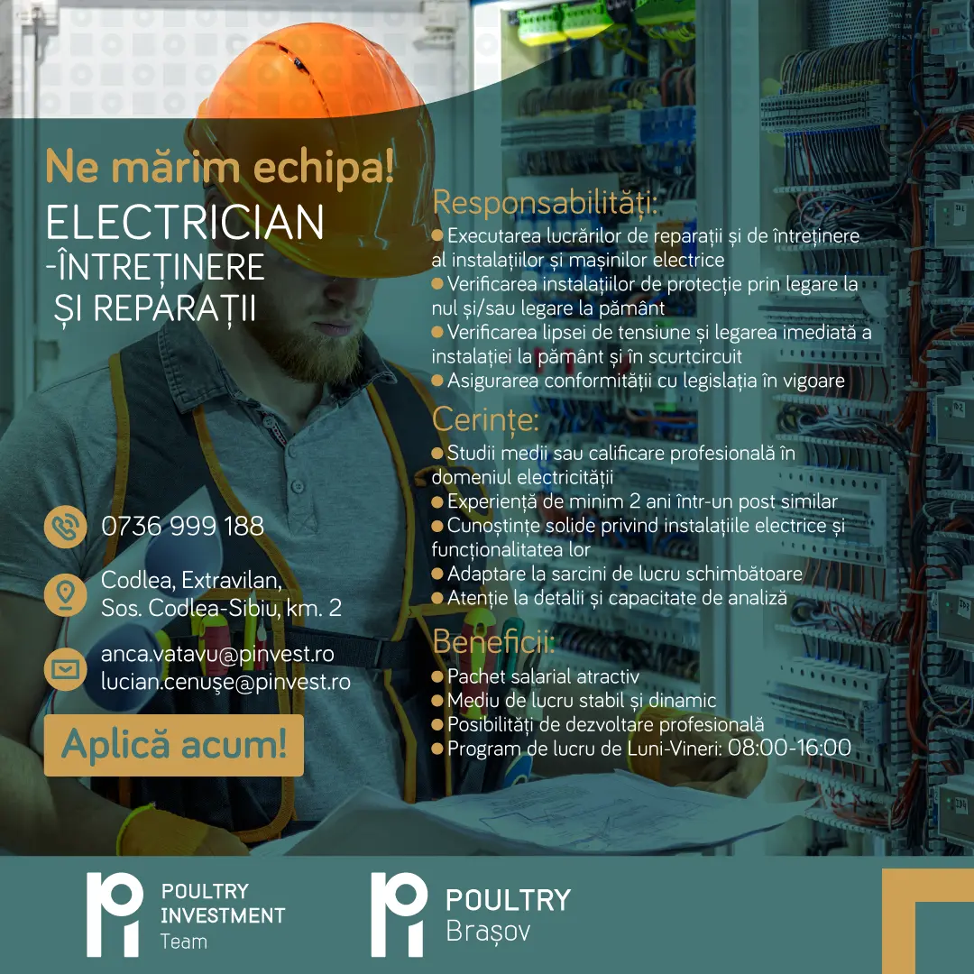 Poultry Team – Angajăm Electrician – întreținere și reparații
