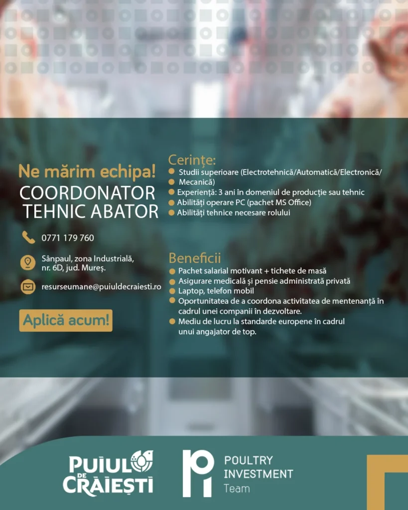 Coordonator mentenanță Puiul de Crăiești, Abator Sanpaul -  1 post